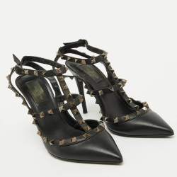 Pre Owned Valentino Black Leather Rockstud Ankle Strap Pumps Size 38