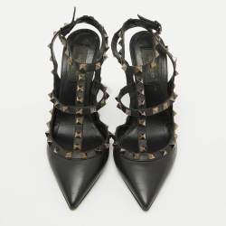 Pre Owned Valentino Black Leather Rockstud Ankle Strap Pumps Size 38