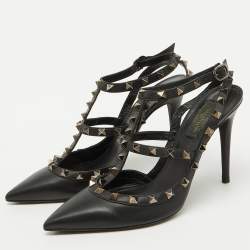 Pre Owned Valentino Black Leather Rockstud Ankle Strap Pumps Size 38
