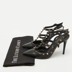 Pre Owned Valentino Black Leather Rockstud Ankle Strap Pumps Size 38