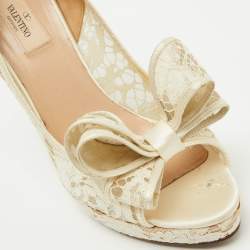 Valentino White Lace and Satin Double Bow Platform Pumps Size 41