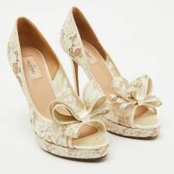 Valentino White Lace and Satin Double Bow Platform Pumps Size 41