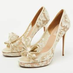 Valentino White Lace and Satin Double Bow Platform Pumps Size 41