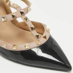 Valentino Black/Beige Leather and Patent Leather Rockstud Pumps Size 39