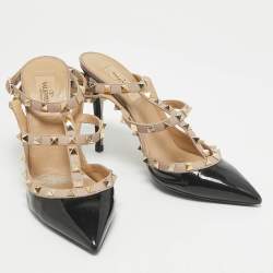 Valentino Black/Beige Leather and Patent Leather Rockstud Pumps Size 39
