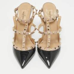 Valentino Black/Beige Leather and Patent Leather Rockstud Pumps Size 39