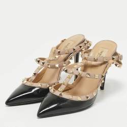 Valentino Black/Beige Leather and Patent Leather Rockstud Pumps Size 39