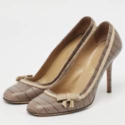 Valentino Brown Croc Embossed Leather Round Toe Pumps Size 37