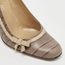 Valentino Brown Croc Embossed Leather Round Toe Pumps Size 37