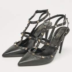 Pre Owned Valentino Black Leather Rockstud Ankle Strap Pumps Size 38.5