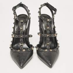 Pre Owned Valentino Black Leather Rockstud Ankle Strap Pumps Size 38.5