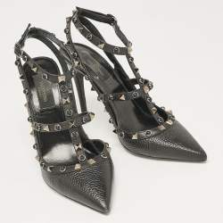 Pre Owned Valentino Black Leather Rockstud Ankle Strap Pumps Size 38.5