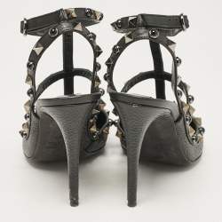 Pre Owned Valentino Black Leather Rockstud Ankle Strap Pumps Size 38.5