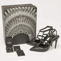 Pre Owned Valentino Black Leather Rockstud Ankle Strap Pumps Size 38.5