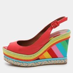 Valentino Red Leather Peep Toe Slingback Rainbow Wedge Sandals Size 38.5