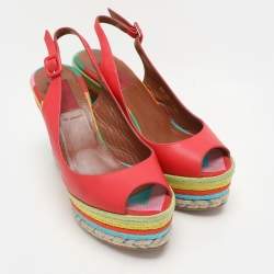 Valentino Red Leather Peep Toe Slingback Rainbow Wedge Sandals Size 38.5