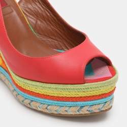 Valentino Red Leather Peep Toe Slingback Rainbow Wedge Sandals Size 38.5
