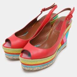 Valentino Red Leather Peep Toe Slingback Rainbow Wedge Sandals Size 38.5