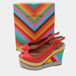 Valentino Red Leather Peep Toe Slingback Rainbow Wedge Sandals Size 38.5