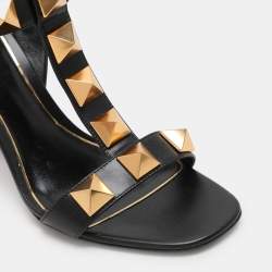 Pre Owned Valentino Black Leather Roman Stud Ankle Strap Sandals Size 40