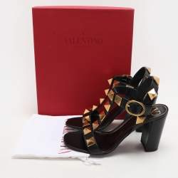 Pre Owned Valentino Black Leather Roman Stud Ankle Strap Sandals Size 40