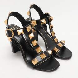 Pre Owned Valentino Black Leather Roman Stud Ankle Strap Sandals Size 40
