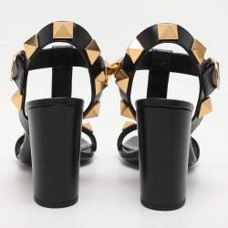 Pre Owned Valentino Black Leather Roman Stud Ankle Strap Sandals Size 40