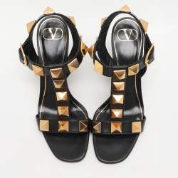 Pre Owned Valentino Black Leather Roman Stud Ankle Strap Sandals Size 40