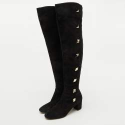 مملوكة مسبقًا Valentino Black Suede Rockstud Block Heel Knee Length Boots Size 40