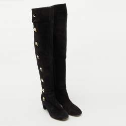 مملوكة مسبقًا Valentino Black Suede Rockstud Block Heel Knee Length Boots Size 40