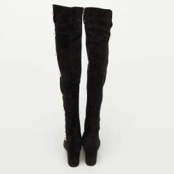 مملوكة مسبقًا Valentino Black Suede Rockstud Block Heel Knee Length Boots Size 40