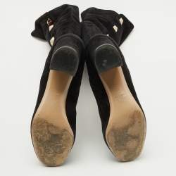 مملوكة مسبقًا Valentino Black Suede Rockstud Block Heel Knee Length Boots Size 40