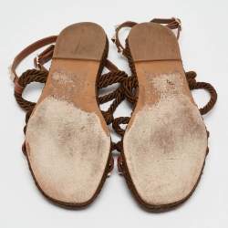 Pre Owned Valentino Brown Rope and Leather Rockstud Torchon Flat Sandals Size 37