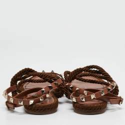 Pre Owned Valentino Brown Rope and Leather Rockstud Torchon Flat Sandals Size 37