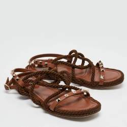 Pre Owned Valentino Brown Rope and Leather Rockstud Torchon Flat Sandals Size 37
