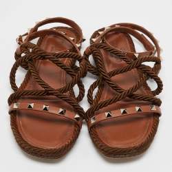 Pre Owned Valentino Brown Rope and Leather Rockstud Torchon Flat Sandals Size 37