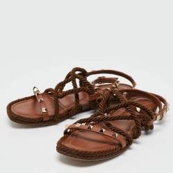 Pre Owned Valentino Brown Rope and Leather Rockstud Torchon Flat Sandals Size 37