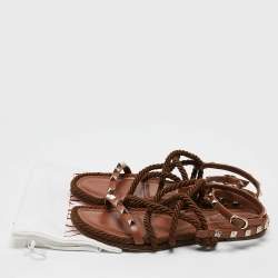 Pre Owned Valentino Brown Rope and Leather Rockstud Torchon Flat Sandals Size 37