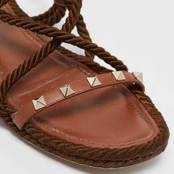 Pre Owned Valentino Brown Rope and Leather Rockstud Torchon Flat Sandals Size 37