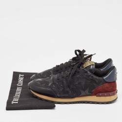 Valentino Black/Burgundy Leather and Suede Rockrunner Low Top Sneakers Size 40