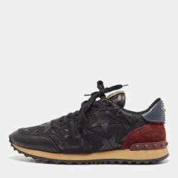Valentino Black/Burgundy Leather and Suede Rockrunner Low Top Sneakers Size 40