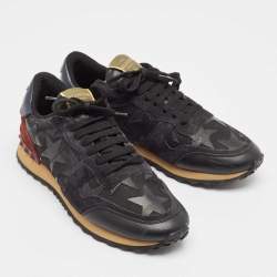 Valentino Black/Burgundy Leather and Suede Rockrunner Low Top Sneakers Size 40