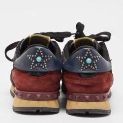Valentino Black/Burgundy Leather and Suede Rockrunner Low Top Sneakers Size 40