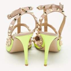 Valentino Green/Beige Pink Leather Rockstud Ankle Strap Pumps Size 38.5