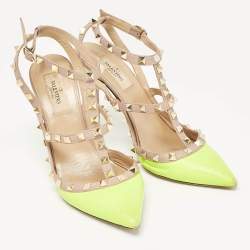 Valentino Green/Beige Pink Leather Rockstud Ankle Strap Pumps Size 38.5