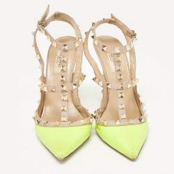 Valentino Green/Beige Pink Leather Rockstud Ankle Strap Pumps Size 38.5