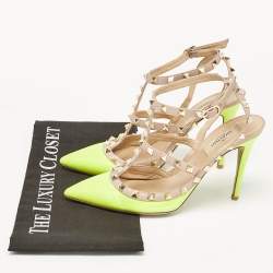 Valentino Green/Beige Pink Leather Rockstud Ankle Strap Pumps Size 38.5