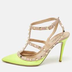 Valentino Green/Beige Pink Leather Rockstud Ankle Strap Pumps Size 38.5