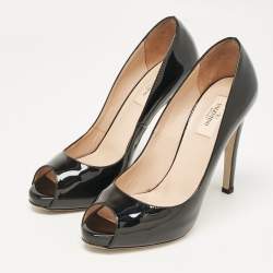 Valentino Black Patent Leather Rockstud Heel Peep Toe Pumps Size 40