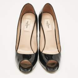 Valentino Black Patent Leather Rockstud Heel Peep Toe Pumps Size 40